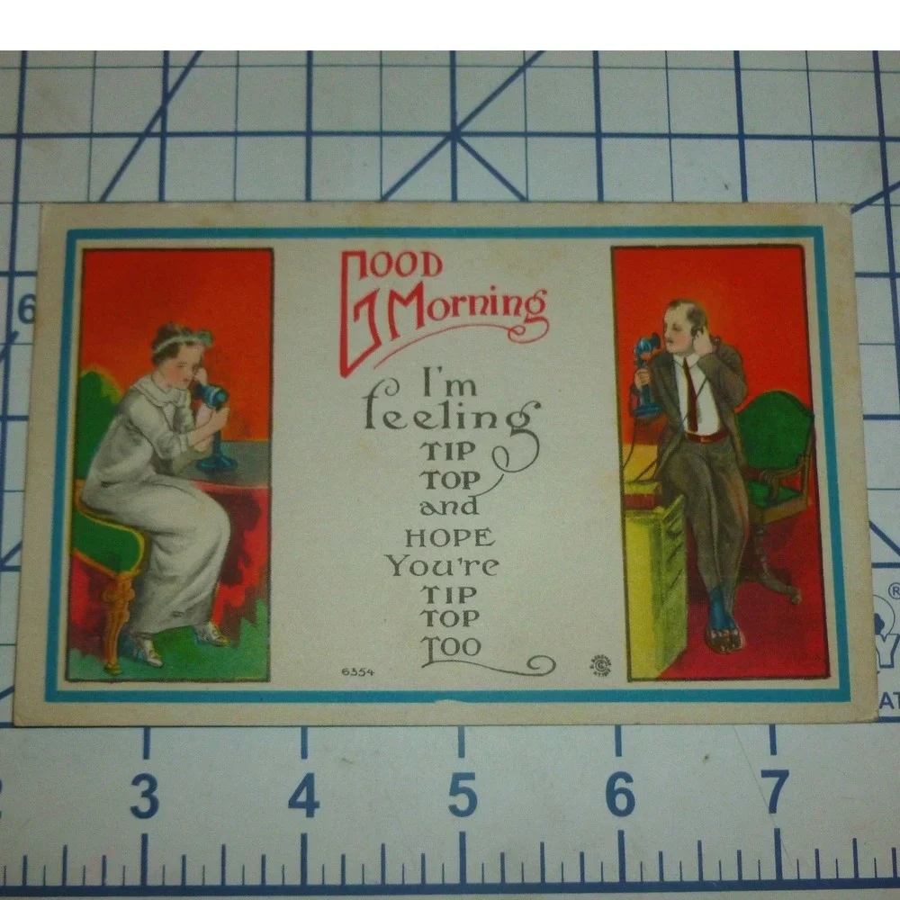 Vintage Good Morning Tip Top Telephone Postcard 1910s Divided Back Antique Art